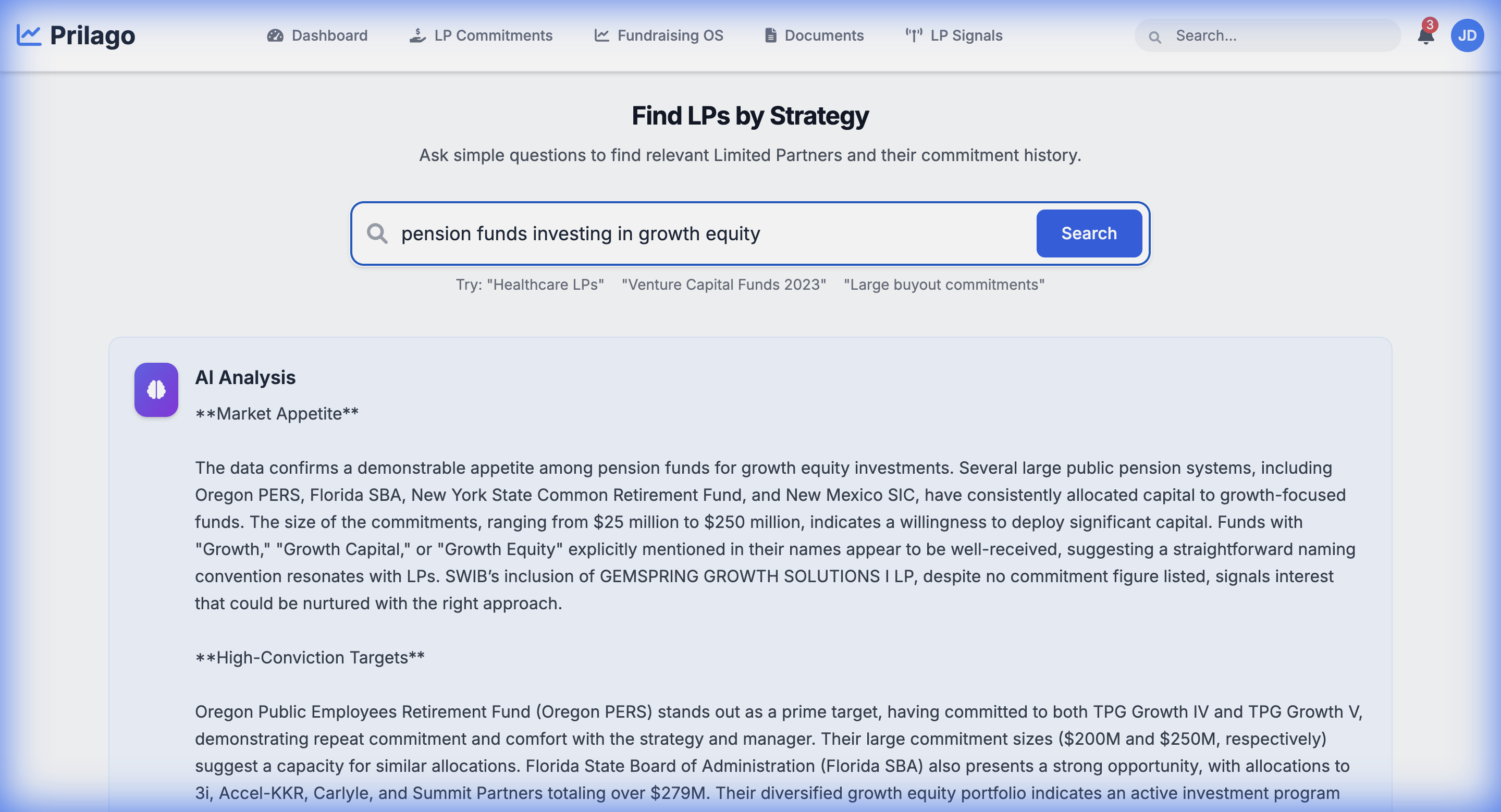 AI-powered LP search results showing pension funds investing in growth equity with AI analysis summaries